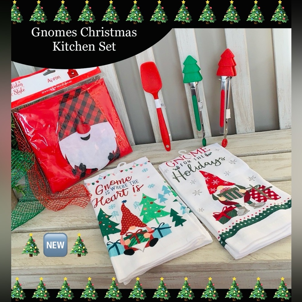 Gnomes Christmas Kitchen Set 2-Towels, 2-Tongs, 1- Spoon & Apron NEW